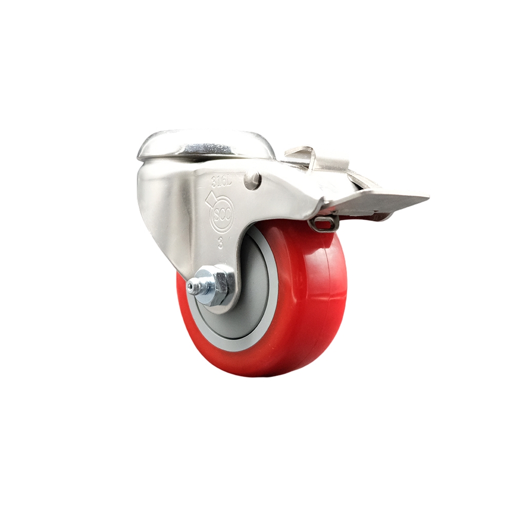 Polyurethane Swivel Bolt Hole Caster with 3.5 Inch Red Caster Wheel and Total Lock Brake - 316 Stainless Steel Caster - 300 lbs. Capacity Per Caster - Service Caster Brand — photo 1