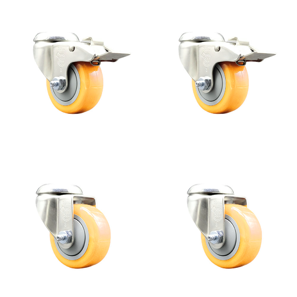 Polyurethane Swivel Bolt Hole Caster Set of 4 with 3 Inch Yellow Caster Wheels - 316 Stainless Steel Casters - Includes 2 Swivel with Total Lock Brakes and 2 Swivel - Service Caster Brand — photo 1