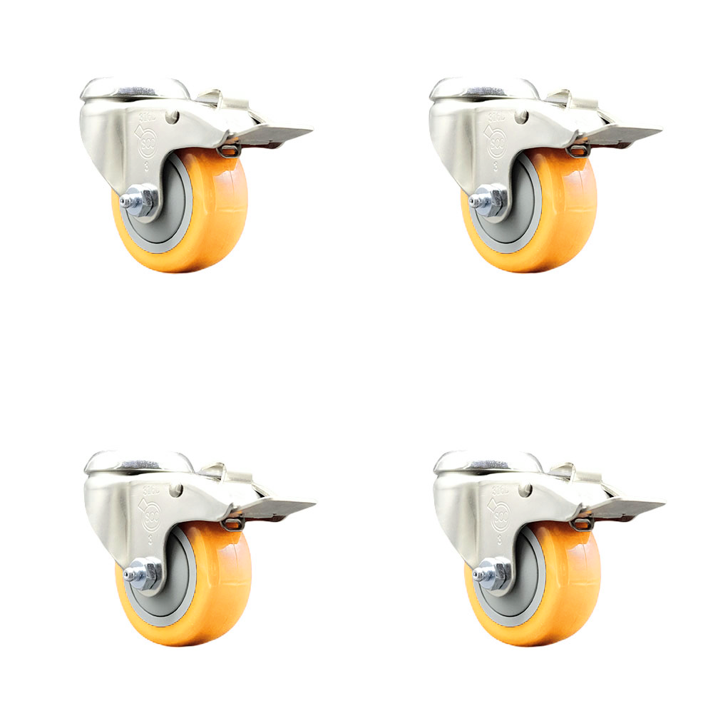 Polyurethane Swivel Bolt Hole Caster Set of 4 with 3 Inch Yellow Caster Wheels-316 Stainless Steel Caster- Includes 4 Swivel Casters with Total Lock Brake-1,200lbs. Total Capacity-Service Caster Brand — photo 1