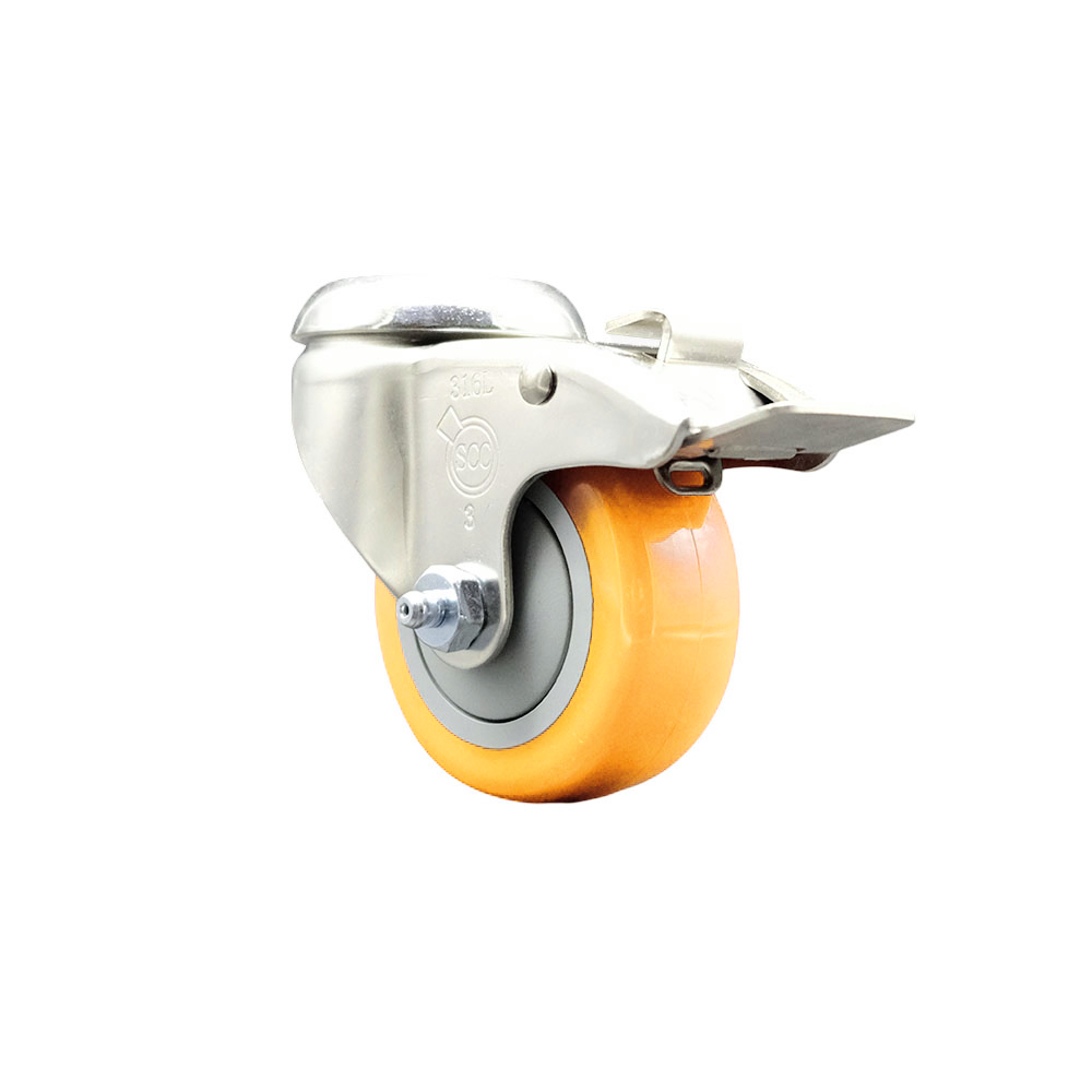Polyurethane Swivel Bolt Hole Caster with 3 Inch Yellow Caster Wheel and Total Lock Brake - 316 Stainless Steel Caster - 300 lbs. Capacity Per Caster - Service Caster Brand — photo 1