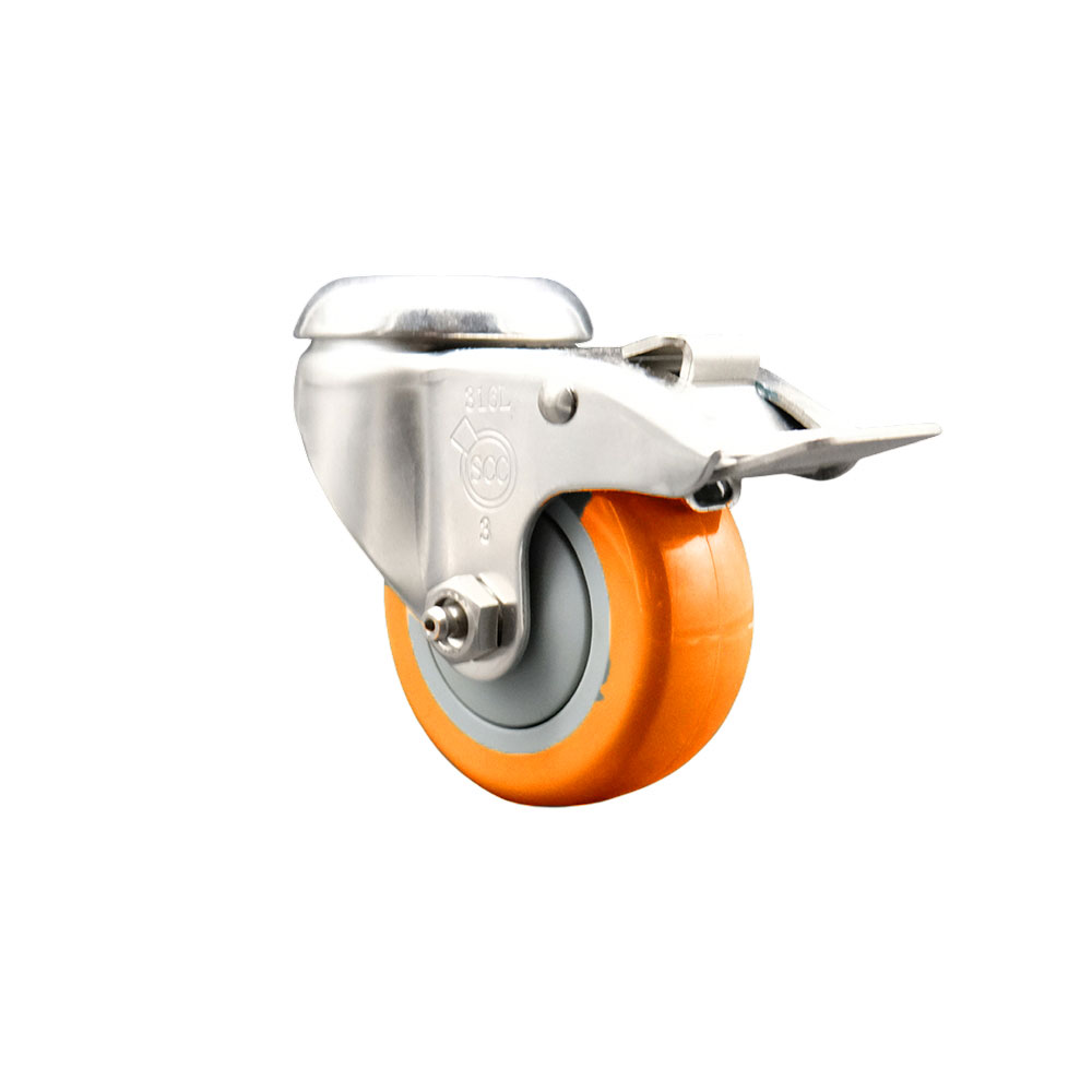 Polyurethane Swivel Bolt Hole Caster with 3.5 Inch Orange Caster Wheel and Total Lock Brake - 316 Stainless Steel Caster - 300 lbs. Capacity Per Caster - Service Caster Brand — photo 1