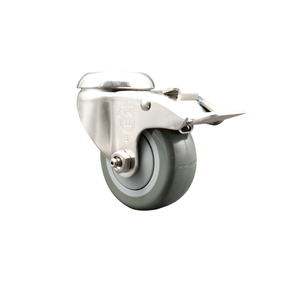 Polyurethane Swivel Bolt Hole Caster with 3.5 Inch Gray Caster Wheel and Total Lock Brake - 316 Stainless Steel Caster - 300 lbs. Capacity Per Caster - Service Caster Brand — photo 1