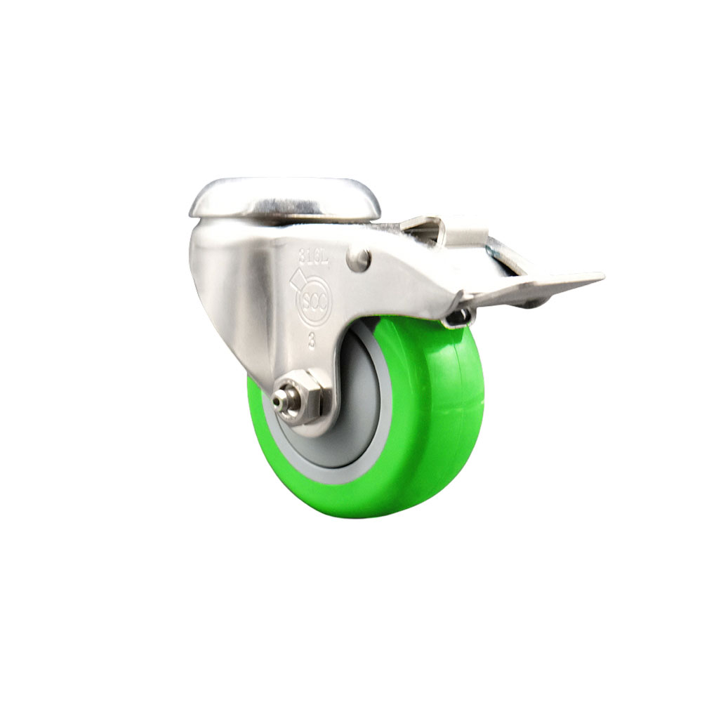 Polyurethane Swivel Bolt Hole Caster with 3.5 Inch Green Caster Wheel and Total Lock Brake - 316 Stainless Steel Caster - 300 lbs. Capacity Per Caster - Service Caster Brand — photo 1