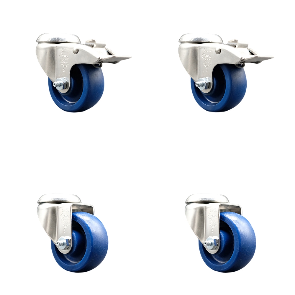 Solid Polyurethane Swivel Bolt Hole Caster Set of 4 with 3.5 Inch Blue Caster Wheels - 316 Stainless Steel Casters - Includes 2 Swivel with Total Lock Brakes and 2 Swivel - Service Caster Brand — photo 1