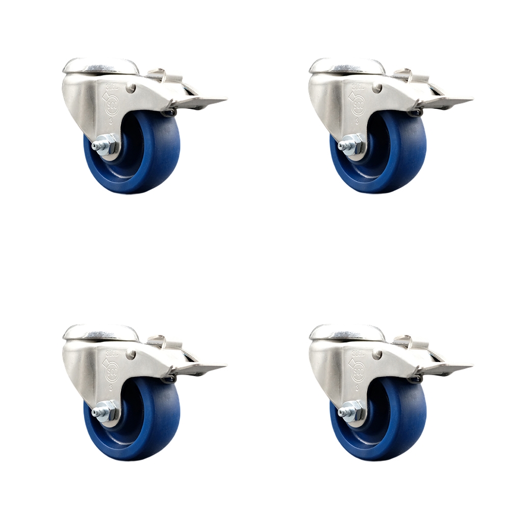 Solid Poly Swivel Bolt Hole Caster Set of 4 with 3.5 Inch Blue Caster Wheels-316 Stainless Steel Caster- Includes 4 Swivel Casters with Total Lock Brake-1,200lbs. Total Capacity - Service Caster Brand — photo 1