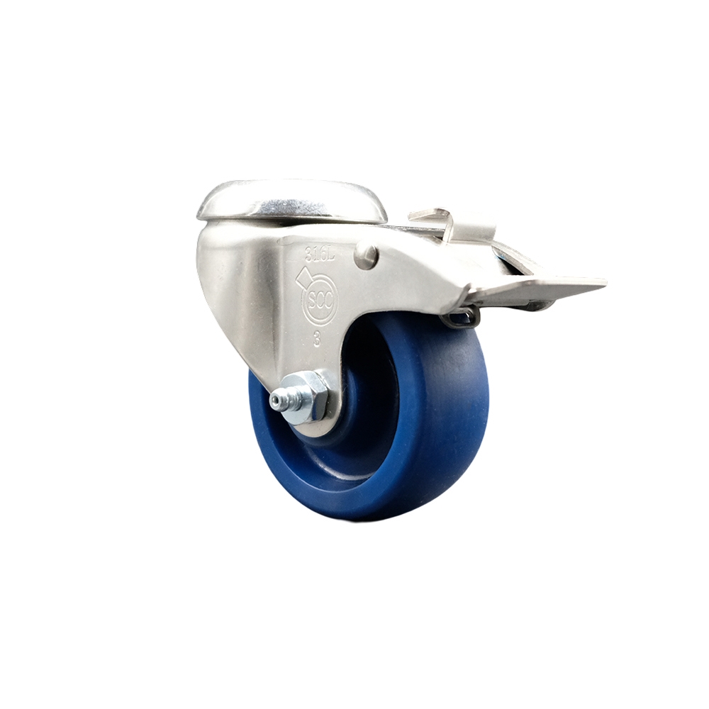 Solid Polyurethane Swivel Bolt Hole Caster with 3 Inch Blue Caster Wheel and Total Lock Brake - 316 Stainless Steel Caster - 300 lbs. Capacity Per Caster - Service Caster Brand — photo 1