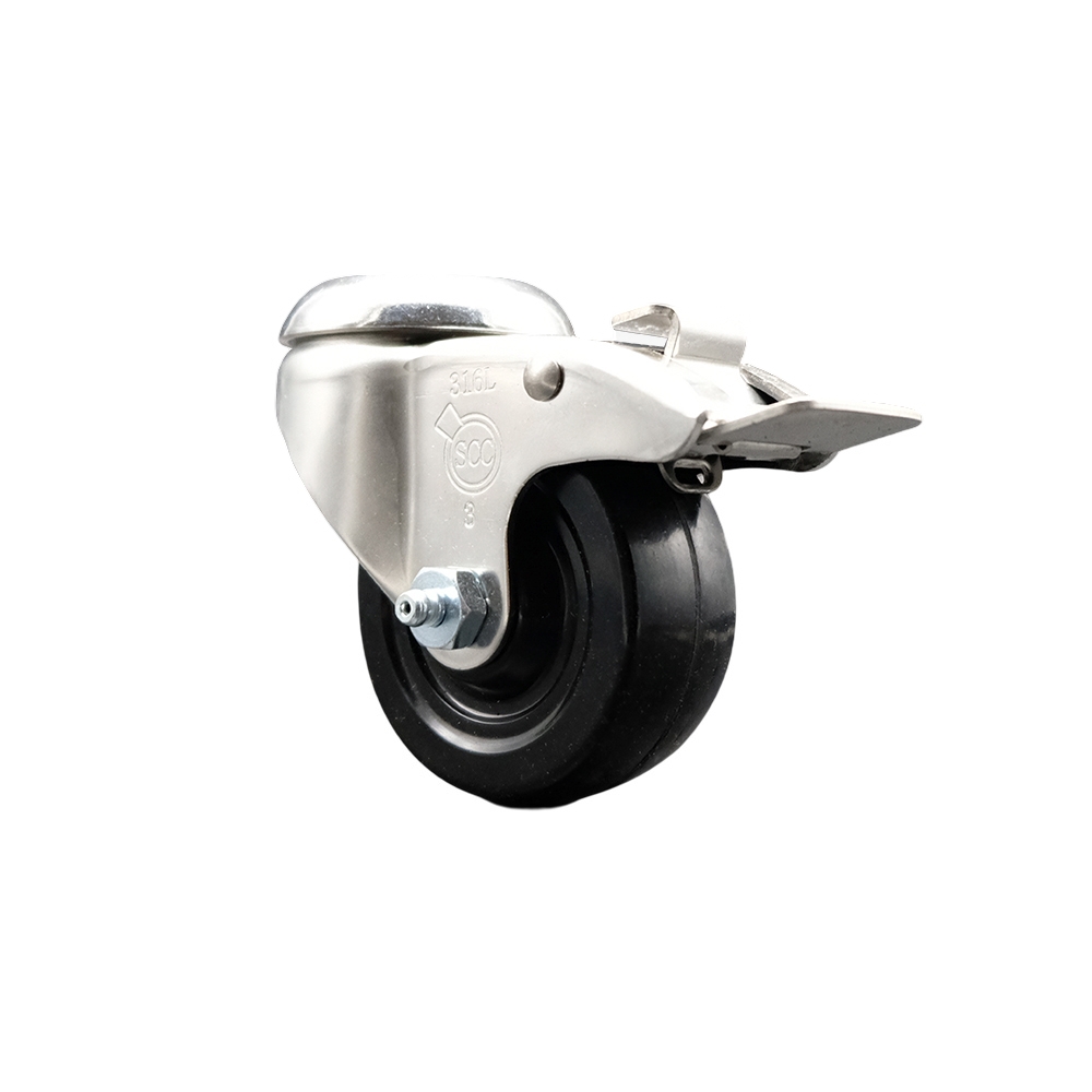 Soft Rubber Swivel Bolt Hole Caster with 3 Inch Black Caster Wheel and Total Lock Brake - 316 Stainless Steel Caster - 175 lbs. Capacity Per Caster - Service Caster Brand — photo 1