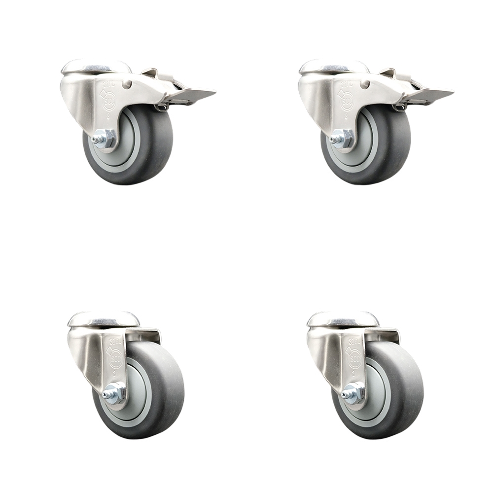Thermoplastic Rubber Swivel Bolt Hole Caster Set of 4 with 3 Inch Gray Caster Wheels - 316 Stainless Steel Casters - Includes 2 Swivel with Total Lock Brakes and 2 Swivel - Service Caster Brand — photo 1