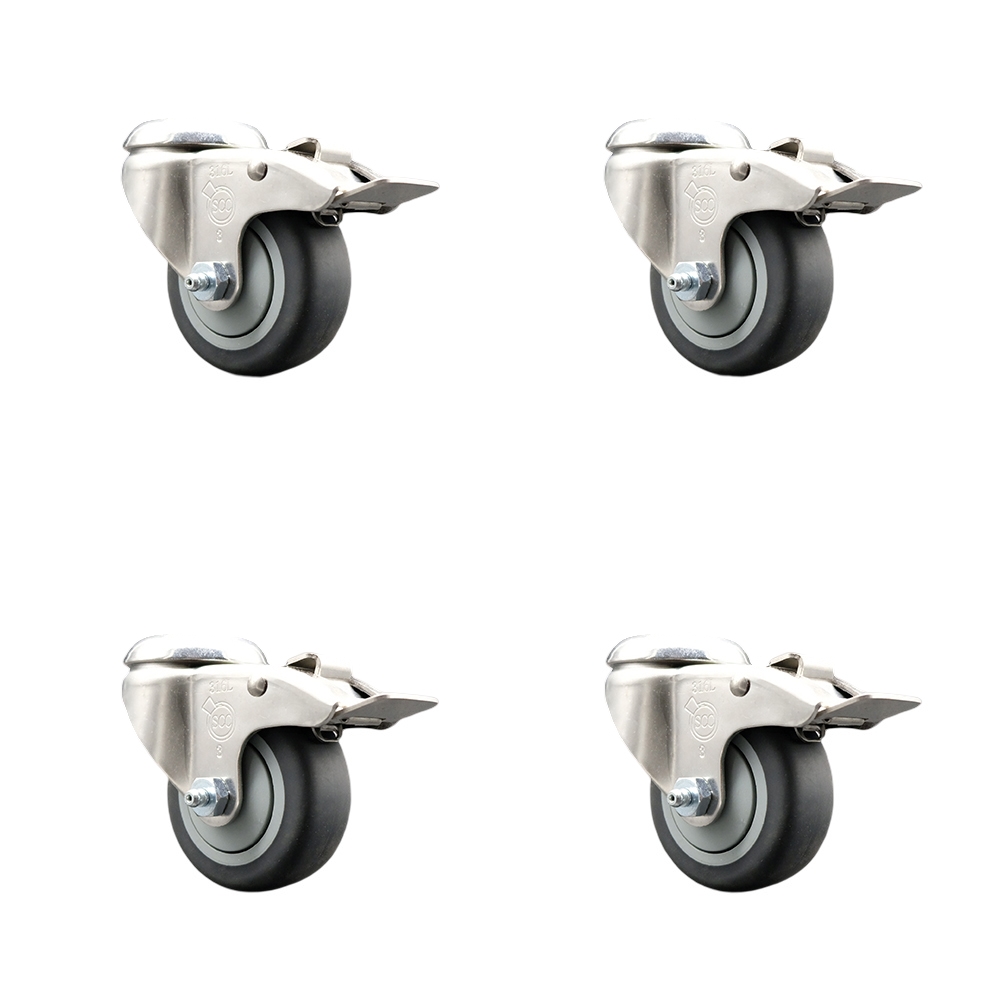 Thermoplastic Rubber Swivel Bolt Hole Caster Set of 4 with 3 Inch Caster Wheels-316 Stainless Steel Casters-Includes 4 Swivel Casters with Total Lock Brakes-840lbs. Total Capacity-Service Caster Brand — photo 1