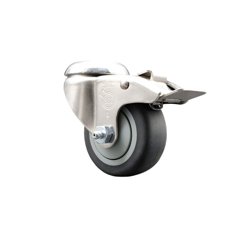 Thermoplastic Rubber Swivel Bolt Hole Caster with 3 Inch Gray Caster Wheel and Total Lock Brake - 316 Stainless Steel Caster - 210 lbs. Capacity Per Caster - Service Caster Brand — photo 1