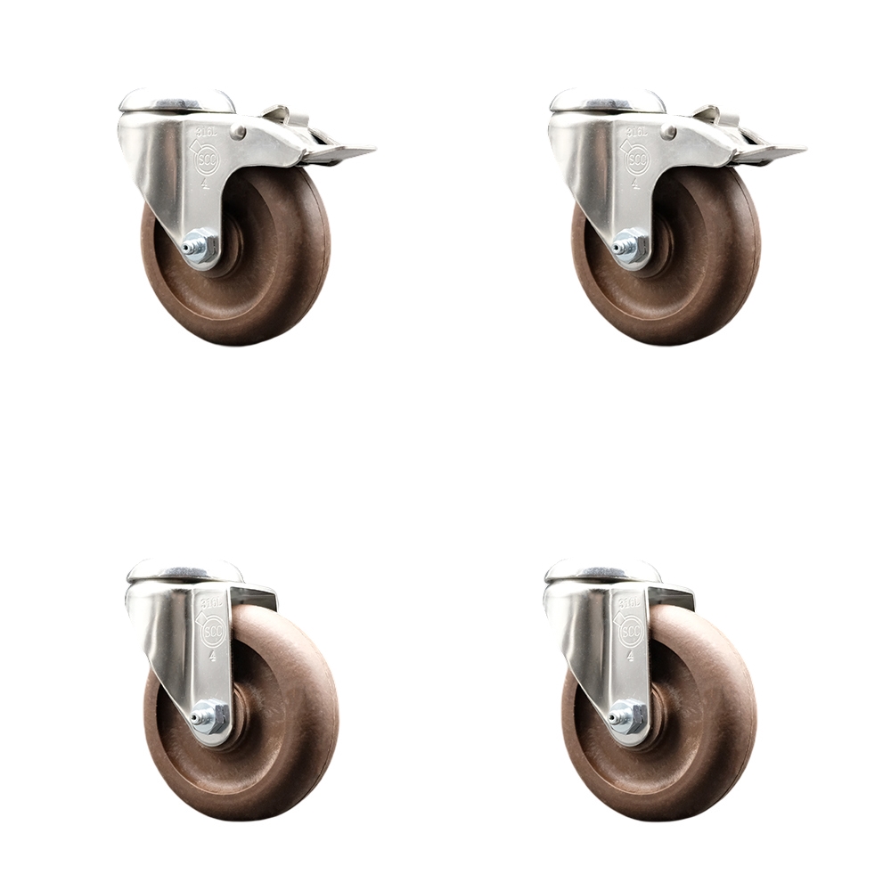 High Temp Glass Filled Nylon Swivel Bolt Hole Caster Set of 4 with 4 Inch Brown Caster Wheels - 316 Stainless Steel Casters - Includes 2 Swivel with Total Lock Brakes and 2 Swivel-Service Caster Brand — photo 1