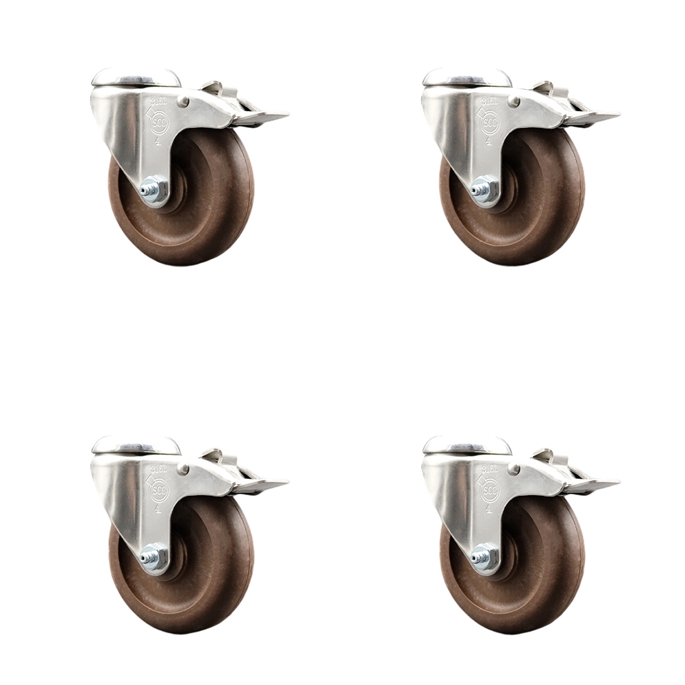 High Temp Glass Filled Nylon Swivel Bolt Hole Caster Set of 4 with 4 Inch Brown Caster Wheels - 316 Stainless Steel Casters - Includes 4 Swivel Casters with Total Lock Brakes - Service Caster Brand — photo 1
