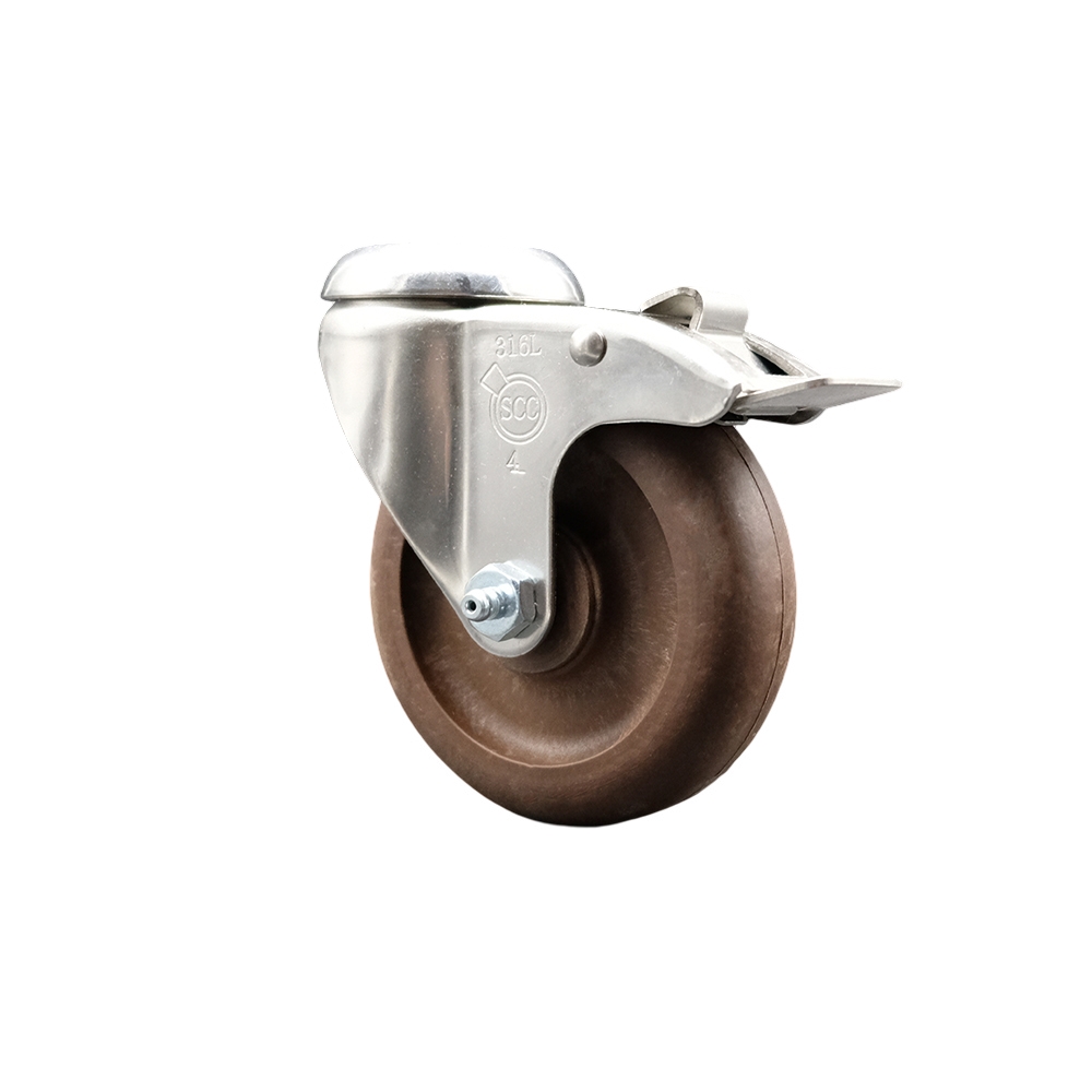 High Temperature Glass Filled Nylon Swivel Bolt Hole Caster with 4 Inch Brown Caster Wheel and Total Lock Brake - 316 Stainless Steel Caster - 350 lbs. Capacity Per Caster - Service Caster Brand — photo 1