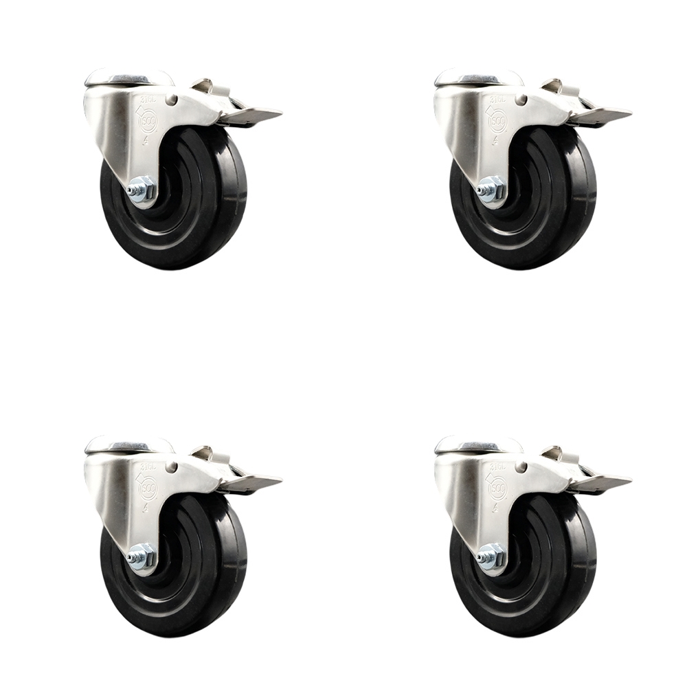 Hard Rubber Swivel Bolt Hole Caster Set of 4 with 4 Inch Black Caster Wheels-316 Stainless Steel Casters-Includes 4 Swivel Casters with Total Lock Brakes-1,200 lbs. Total Capacity-Service Caster Brand — photo 1