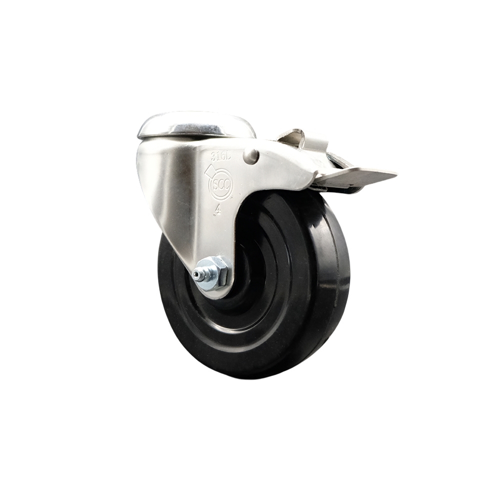 Hard Rubber Swivel Bolt Hole Caster with 4 Inch Black Caster Wheel and Total Lock Brake - 316 Stainless Steel Caster - 300 lbs. Capacity Per Caster - Service Caster Brand — photo 1