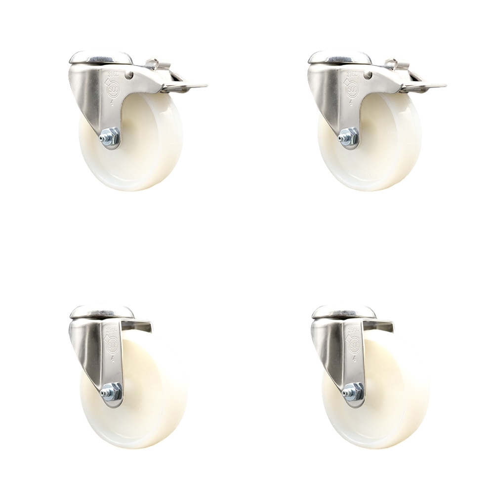 Nylon Swivel Bolt Hole Caster Set of 4 with 4 Inch White Caster Wheels - 316 Stainless Steel Casters - Includes 2 Swivel with Total Lock Brakes and 2 Swivel - Service Caster Brand — photo 1