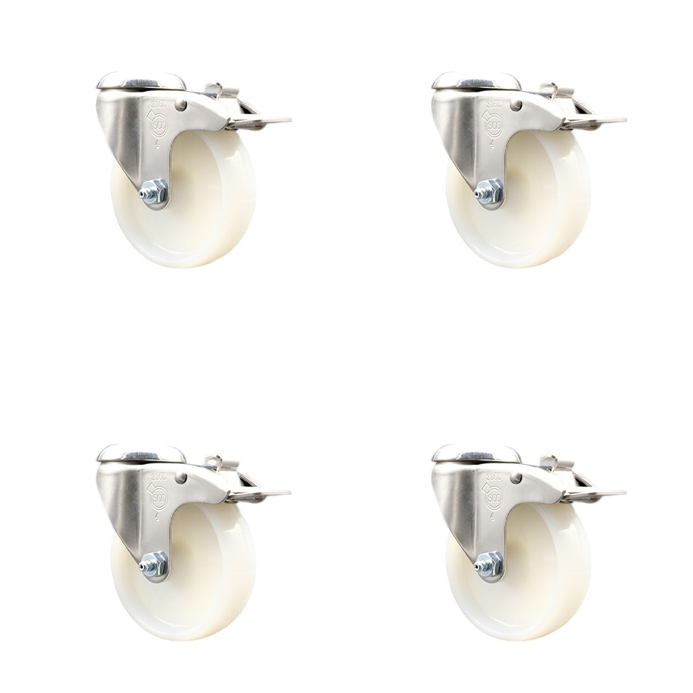 Nylon Swivel Bolt Hole Caster Set of 4 with 4 Inch White Caster Wheels-316 Stainless Steel Casters - Includes 4 Swivel Casters with Total Lock Brakes - 1,200 lbs. Total Capacity - Service Caster Brand — photo 1