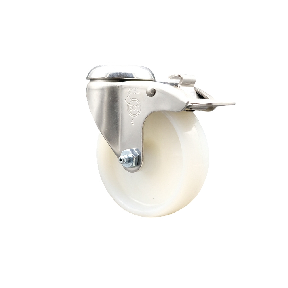 Nylon Swivel Bolt Hole Caster with 4 Inch White Caster Wheel and Total Lock Brake - 316 Stainless Steel Caster - 300 lbs. Capacity Per Caster - Service Caster Brand — photo 1