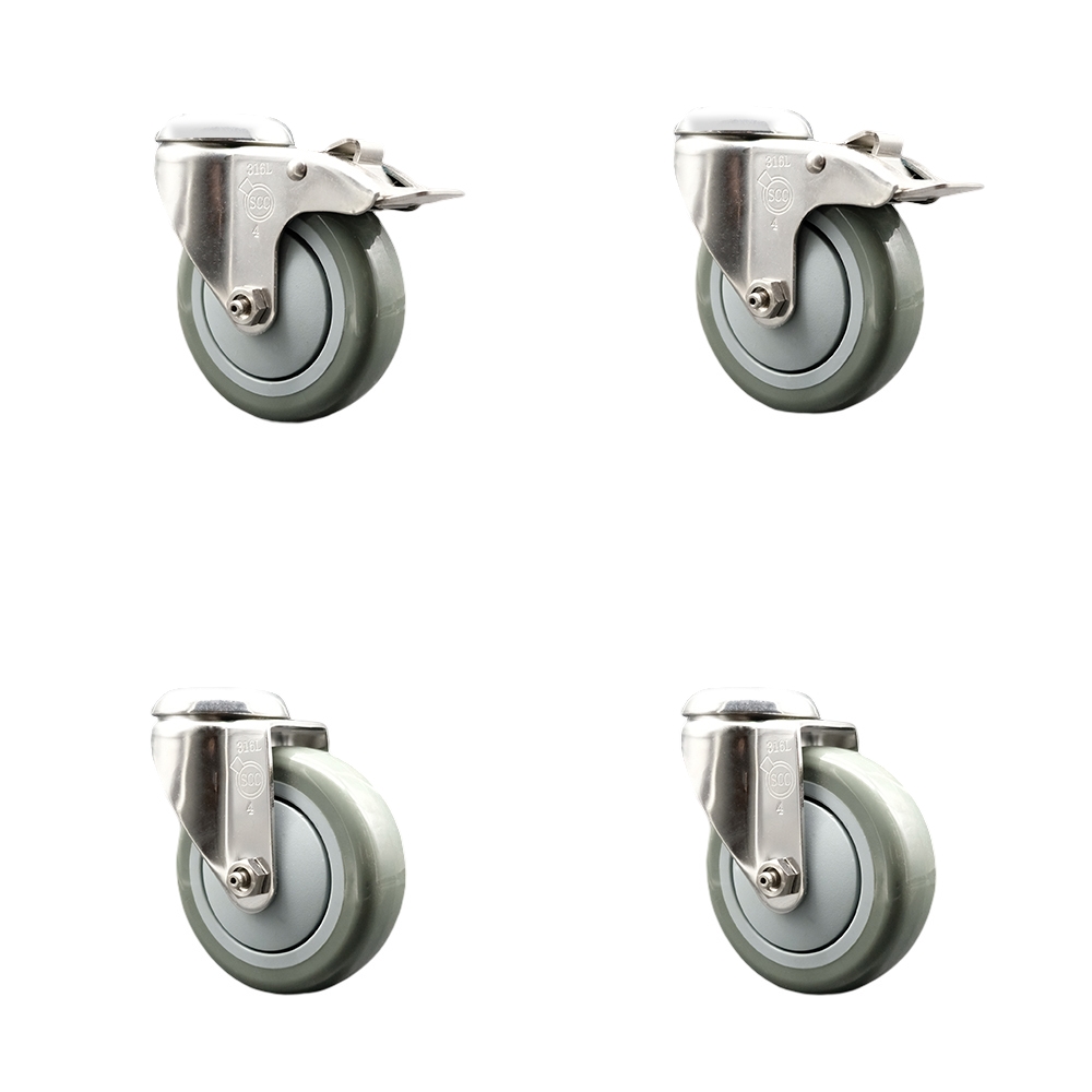 Polyurethane Swivel Bolt Hole Caster Set of 4 with 4 Inch Gray Caster Wheels - 316 Stainless Steel Casters - Includes 2 Swivel with Total Lock Brakes and 2 Swivel - Service Caster Brand — photo 1