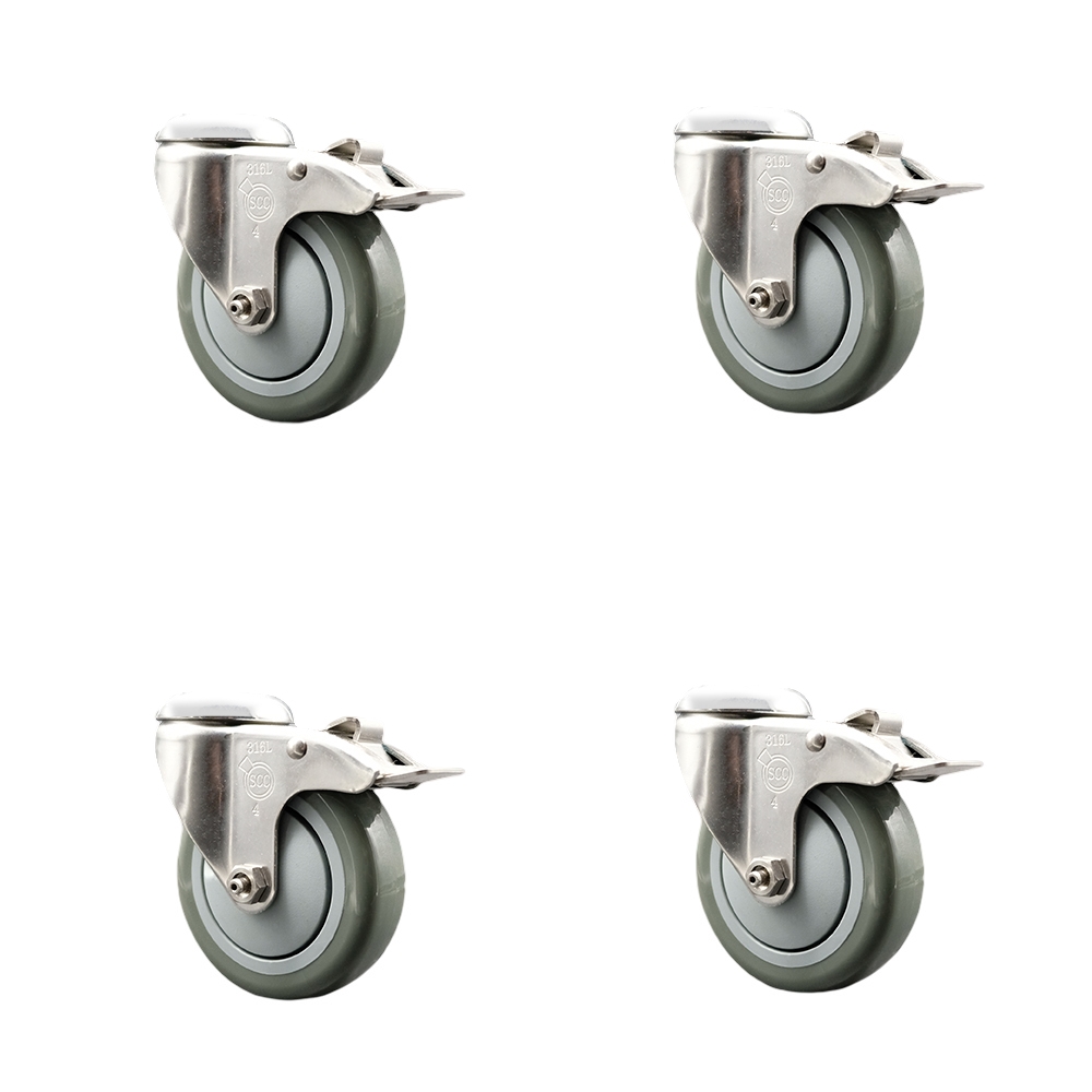 Polyurethane Swivel Bolt Hole Caster Set of 4 with 4 Inch Gray Caster Wheels-316 Stainless Steel Caster- Includes 4 Swivel Casters with Total Lock Brake-1,400 lbs. Total Capacity-Service Caster Brand — photo 1