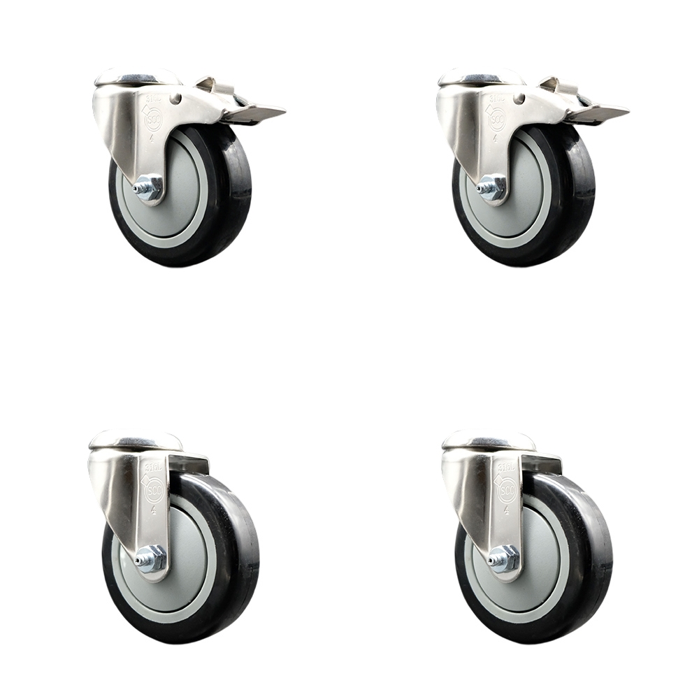 Polyurethane Swivel Bolt Hole Caster Set of 4 with 4 Inch Black Caster Wheels - 316 Stainless Steel Casters - Includes 2 Swivel with Total Lock Brakes and 2 Swivel - Service Caster Brand — photo 1