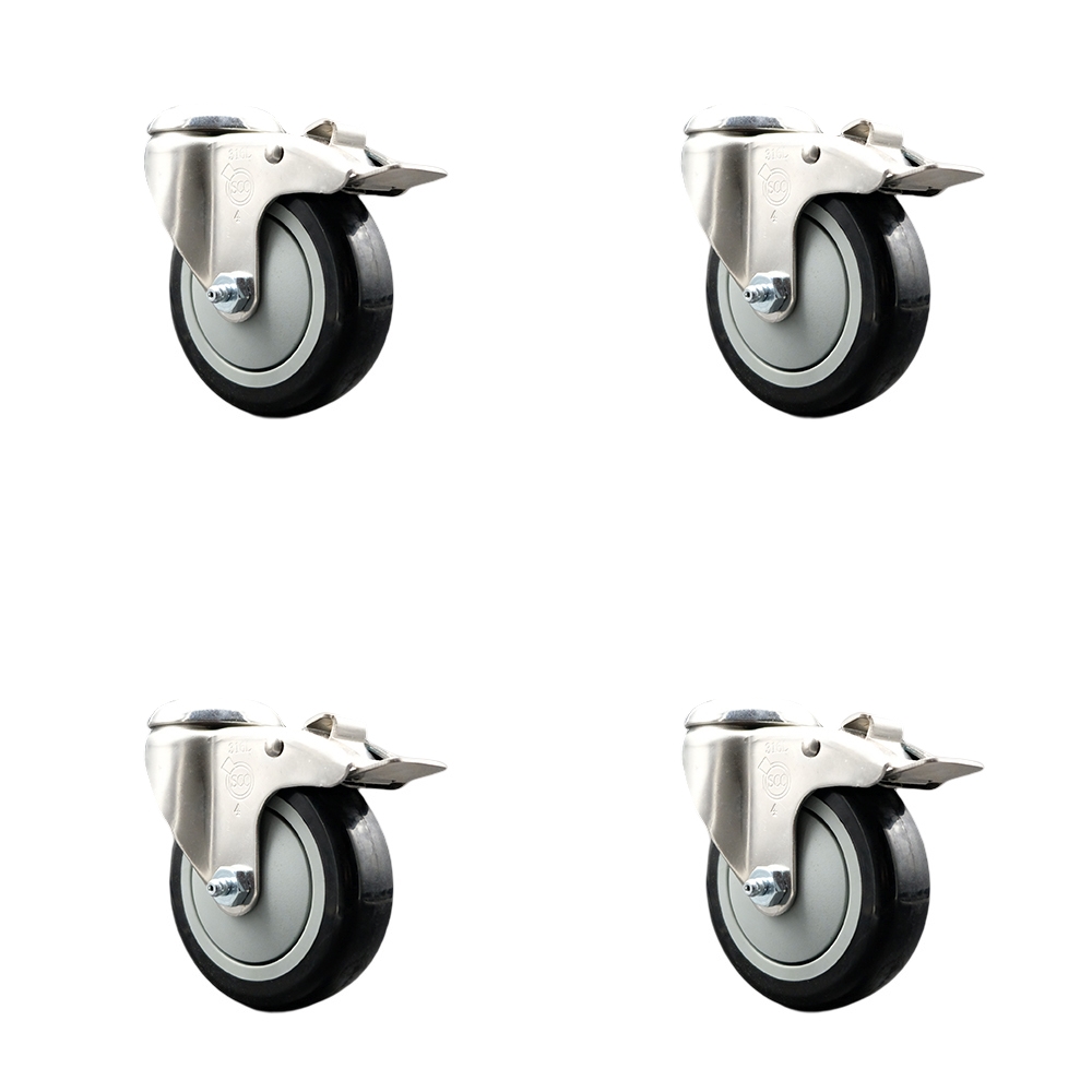 Polyurethane Swivel Bolt Hole Caster Set of 4 with 4 Inch Black Caster Wheels-316 Stainless Steel Caster- Includes 4 Swivel Casters with Total Lock Brake-1,400 lbs. Total Capacity-Service Caster Brand — photo 1