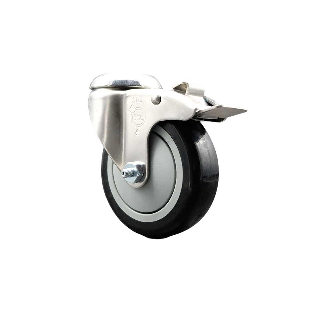 Polyurethane Swivel Bolt Hole Caster with 4 Inch Black Caster Wheel and Total Lock Brake - 316 Stainless Steel Caster - 350 lbs. Capacity Per Caster - Service Caster Brand — photo 1
