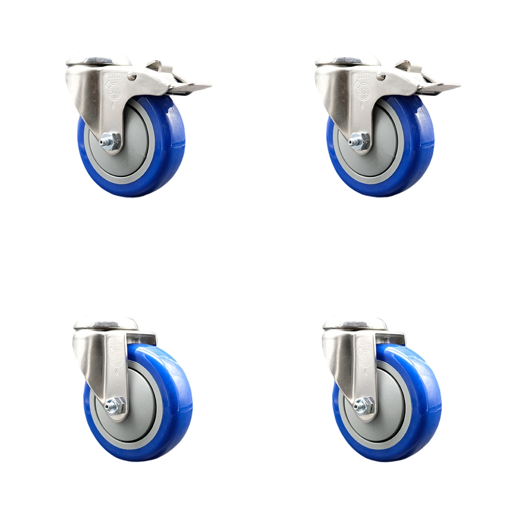 Polyurethane Swivel Bolt Hole Caster Set of 4 with 4 Inch Blue Caster Wheels - 316 Stainless Steel Casters - Includes 2 Swivel with Total Lock Brakes and 2 Swivel - Service Caster Brand — photo 1
