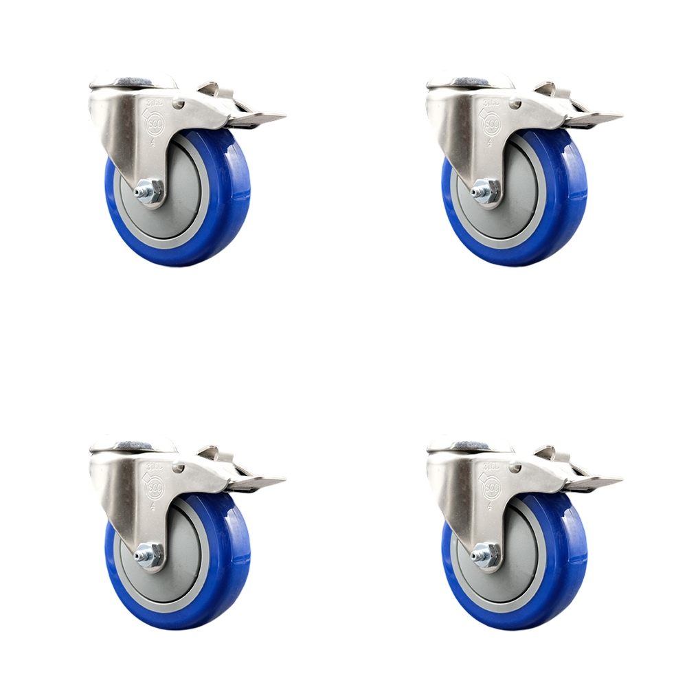 Polyurethane Swivel Bolt Hole Caster Set of 4 with 4 Inch Blue Caster Wheels-316 Stainless Steel Caster- Includes 4 Swivel Casters with Total Lock Brake-1,400 lbs. Total Capacity-Service Caster Brand — photo 1