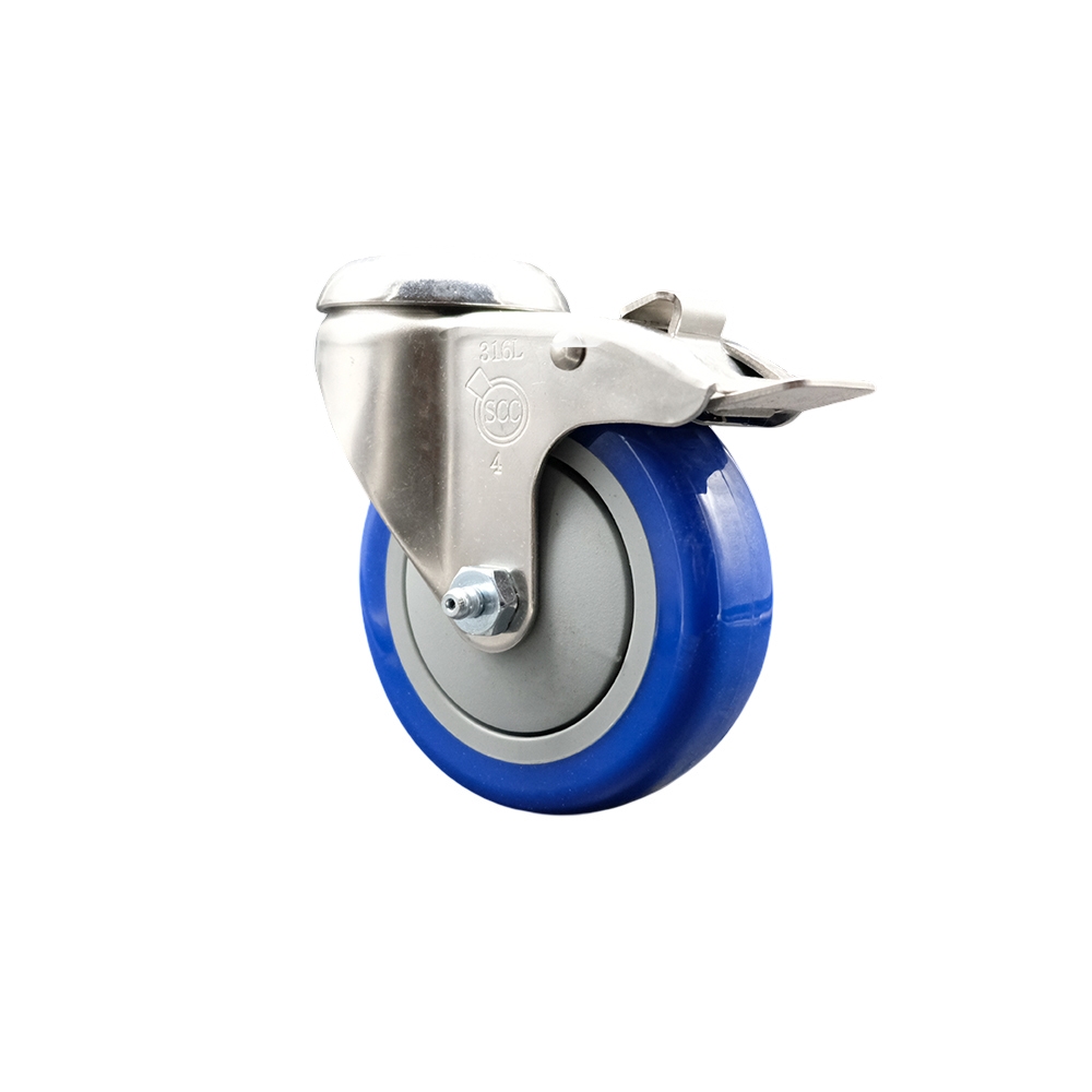 Polyurethane Swivel Bolt Hole Caster with 4 Inch Blue Caster Wheel and Total Lock Brake - 316 Stainless Steel Caster - 350 lbs. Capacity Per Caster - Service Caster Brand — photo 1