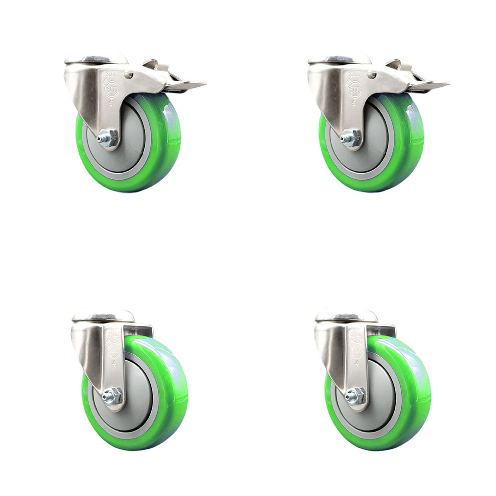 Polyurethane Swivel Bolt Hole Caster Set of 4 with 4 Inch Green Caster Wheels - 316 Stainless Steel Casters - Includes 2 Swivel with Total Lock Brakes and 2 Swivel - Service Caster Brand — photo 1