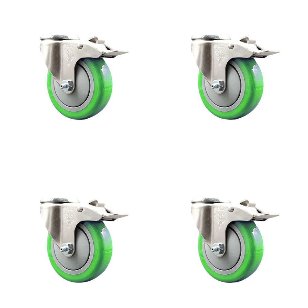 Polyurethane Swivel Bolt Hole Caster Set of 4 with 4 Inch Green Caster Wheels-316 Stainless Steel Caster- Includes 4 Swivel Casters with Total Lock Brake-1,400 lbs. Total Capacity-Service Caster Brand — photo 1