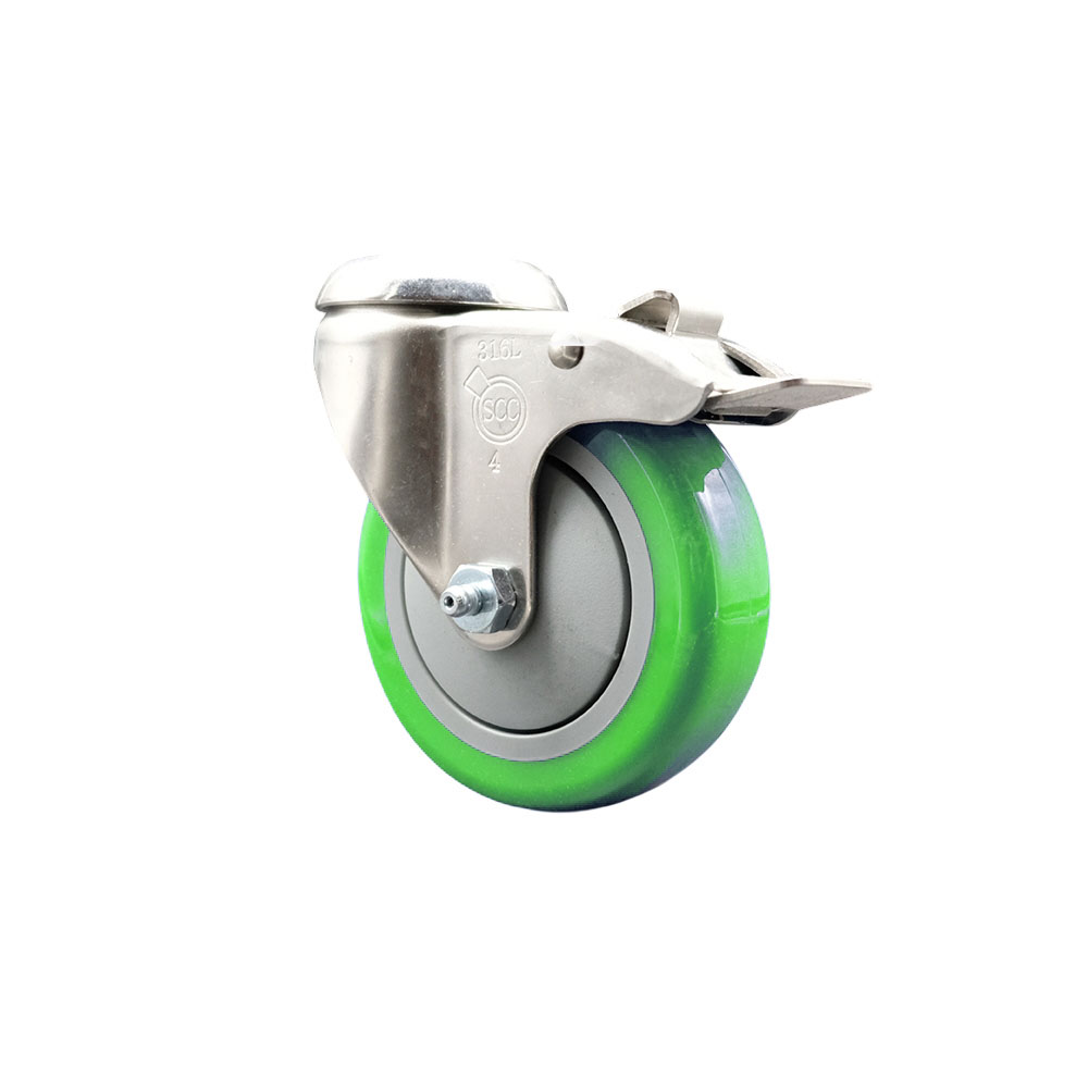Polyurethane Swivel Bolt Hole Caster with 4 Inch Green Caster Wheel and Total Lock Brake - 316 Stainless Steel Caster - 350 lbs. Capacity Per Caster - Service Caster Brand — photo 1