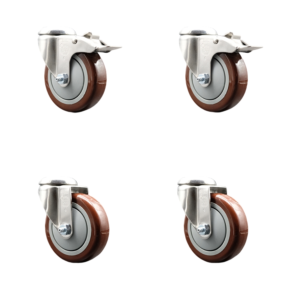 Polyurethane Swivel Bolt Hole Caster Set of 4 with 4 Inch Maroon Caster Wheels - 316 Stainless Steel Casters - Includes 2 Swivel with Total Lock Brakes and 2 Swivel - Service Caster Brand — photo 1
