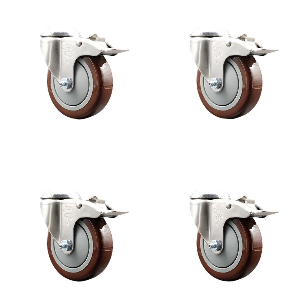 Polyurethane Swivel Bolt Hole Caster Set of 4 with 4 Inch Maroon Caster Wheels-316 Stainless Steel Caster- Includes 4 Swivel Casters with Total Lock Brake-1,400lbs. Total Capacity-Service Caster Brand — photo 1
