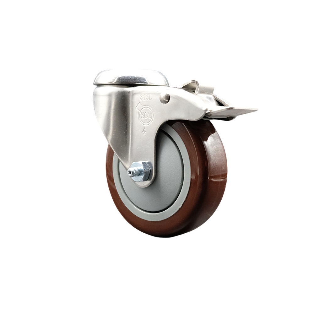 Polyurethane Swivel Bolt Hole Caster with 4 Inch Maroon Caster Wheel and Total Lock Brake - 316 Stainless Steel Caster - 350 lbs. Capacity Per Caster - Service Caster Brand — photo 1