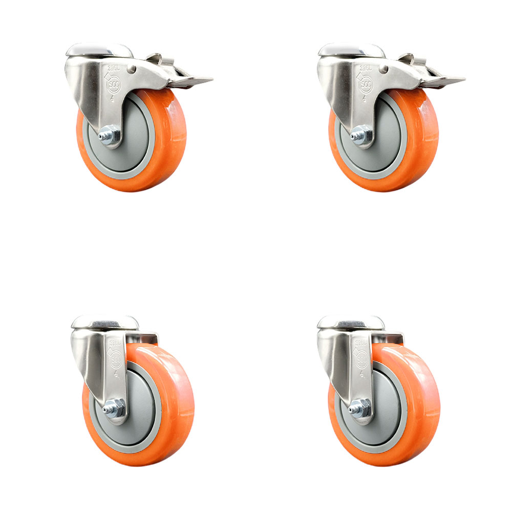 Polyurethane Swivel Bolt Hole Caster Set of 4 with 4 Inch Orange Caster Wheels - 316 Stainless Steel Casters - Includes 2 Swivel with Total Lock Brakes and 2 Swivel - Service Caster Brand — photo 1