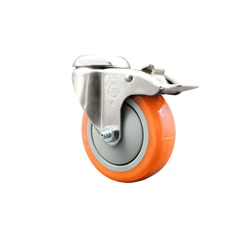 Polyurethane Swivel Bolt Hole Caster with 4 Inch Orange Caster Wheel and Total Lock Brake - 316 Stainless Steel Caster - 350 lbs. Capacity Per Caster - Service Caster Brand — photo 1