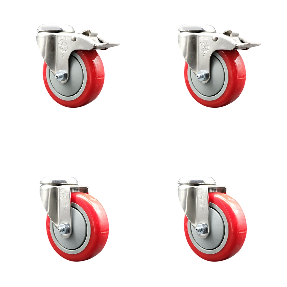 Polyurethane Swivel Bolt Hole Caster Set of 4 with 4 Inch Red Caster Wheels - 316 Stainless Steel Casters - Includes 2 Swivel with Total Lock Brakes and 2 Swivel - Service Caster Brand — photo 1