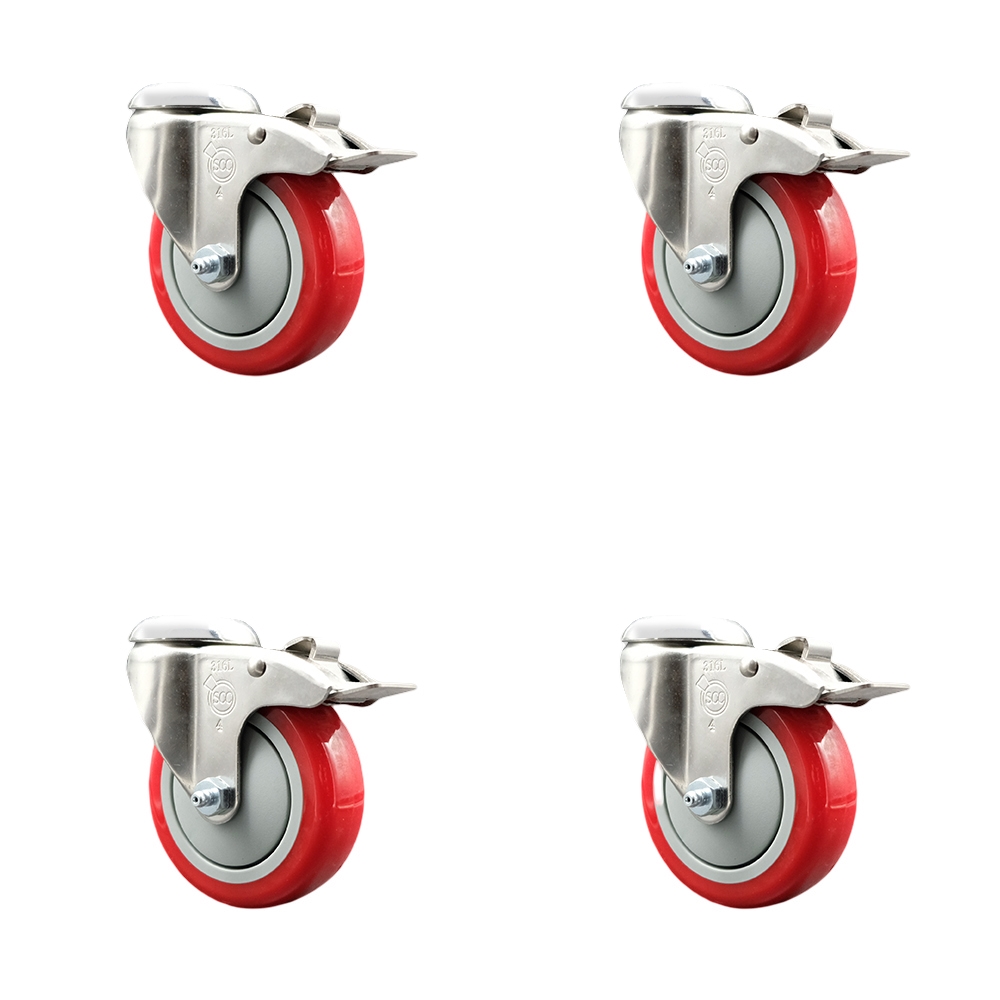 Polyurethane Swivel Bolt Hole Caster Set of 4 with 4 Inch Red Caster Wheels-316 Stainless Steel Caster- Includes 4 Swivel Casters with Total Lock Brake-1,400 lbs. Total Capacity-Service Caster Brand — photo 1