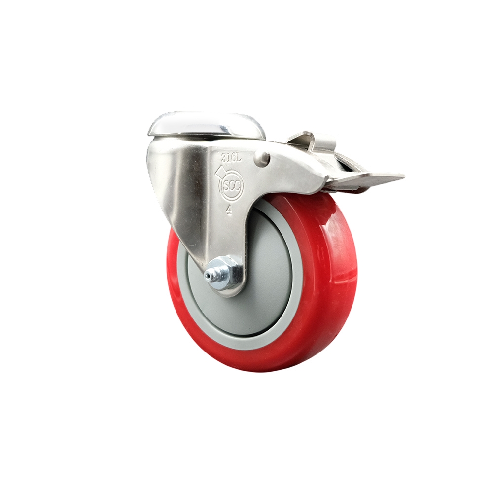 Polyurethane Swivel Bolt Hole Caster with 4 Inch Red Caster Wheel and Total Lock Brake - 316 Stainless Steel Caster - 350 lbs. Capacity Per Caster - Service Caster Brand — photo 1