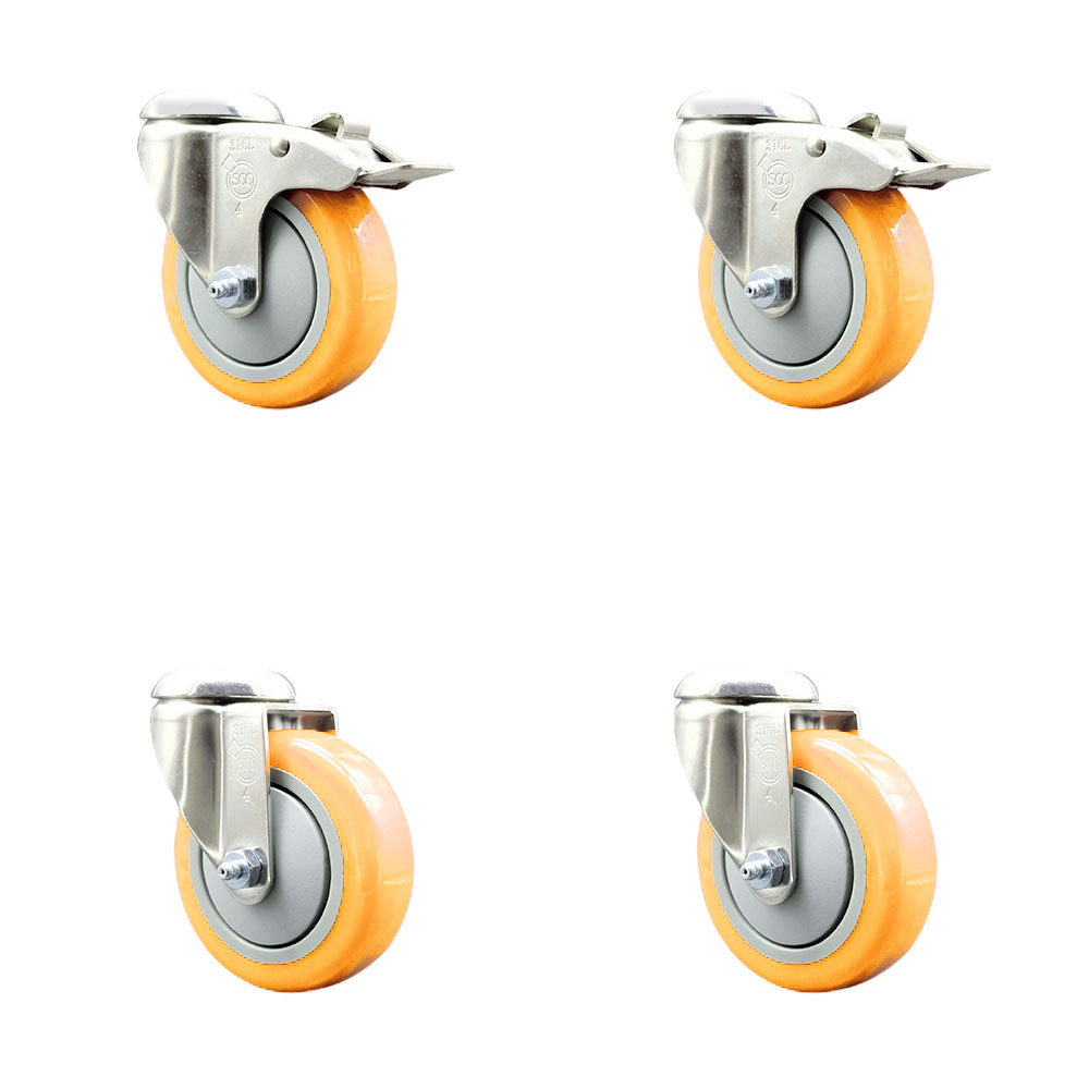 Polyurethane Swivel Bolt Hole Caster Set of 4 with 4 Inch Yellow Caster Wheels - 316 Stainless Steel Casters - Includes 2 Swivel with Total Lock Brakes and 2 Swivel - Service Caster Brand — photo 1