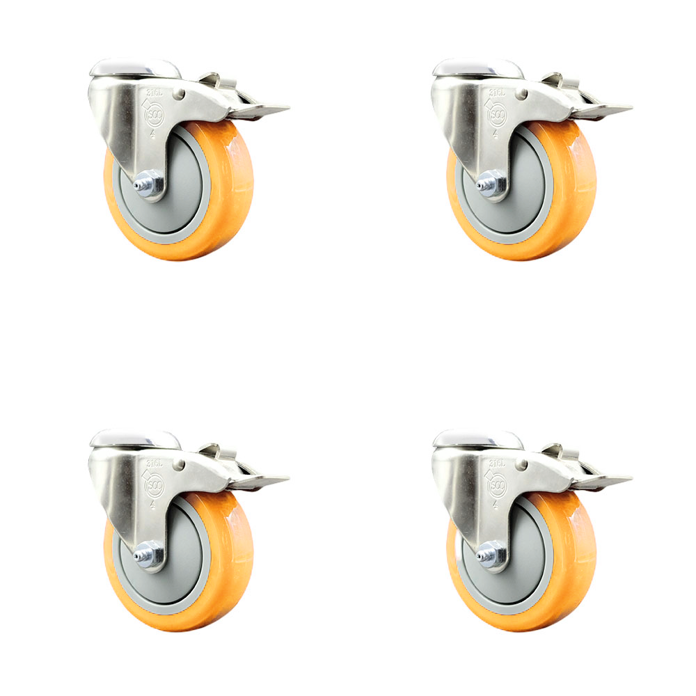 Polyurethane Swivel Bolt Hole Caster Set of 4 with 4 Inch Yellow Caster Wheels-316 Stainless Steel Caster- Includes 4 Swivel Casters with Total Lock Brake-1,400lbs. Total Capacity-Service Caster Brand — photo 1