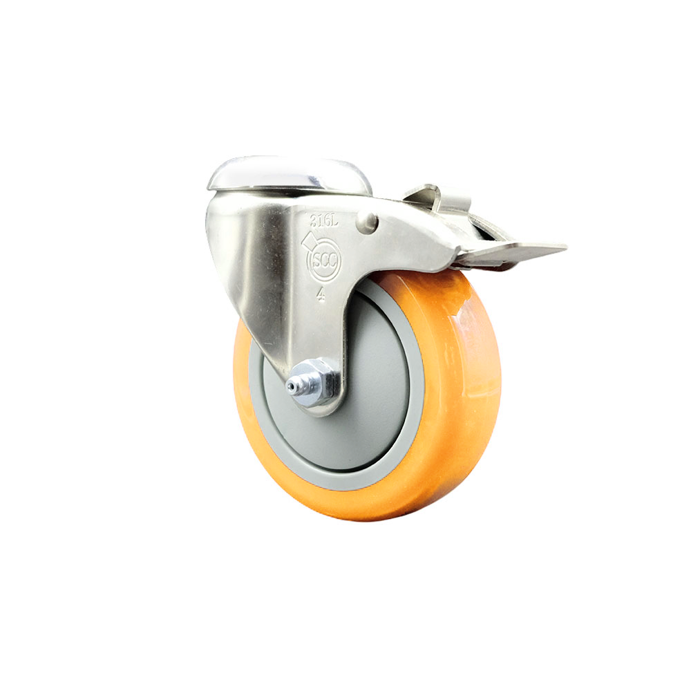 Polyurethane Swivel Bolt Hole Caster with 4 Inch Yellow Caster Wheel and Total Lock Brake - 316 Stainless Steel Caster - 350 lbs. Capacity Per Caster - Service Caster Brand — photo 1