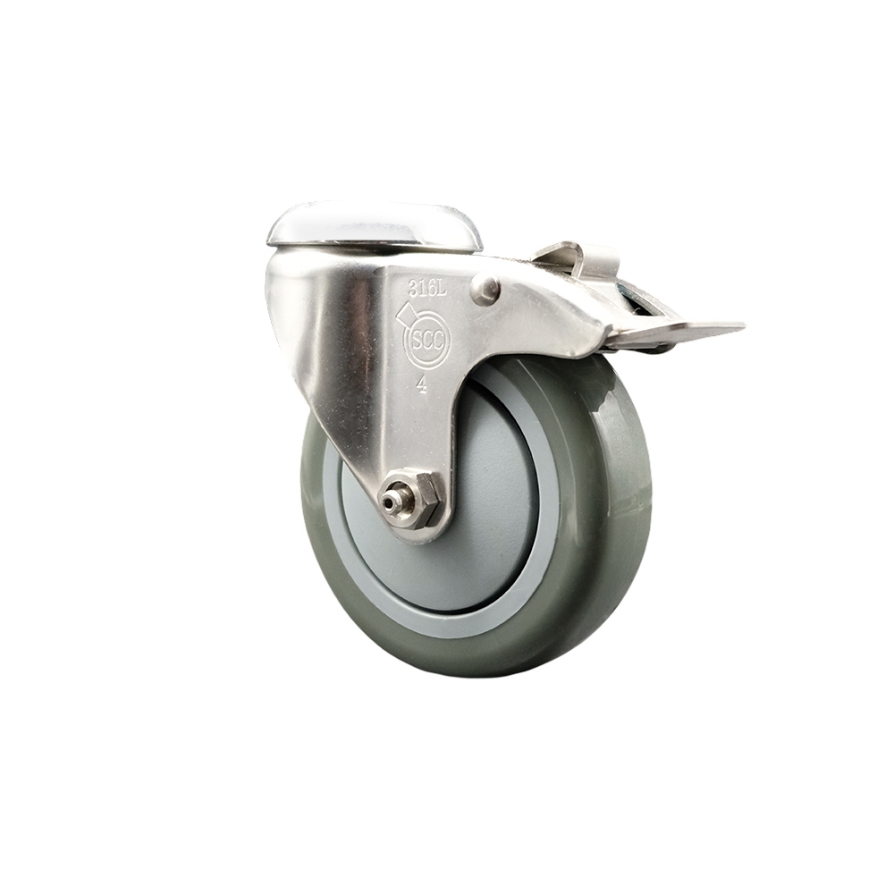 Polyurethane Swivel Bolt Hole Caster with 4 Inch Gray Caster Wheel and Total Lock Brake - 316 Stainless Steel Caster - 350 lbs. Capacity Per Caster - Service Caster Brand — photo 1