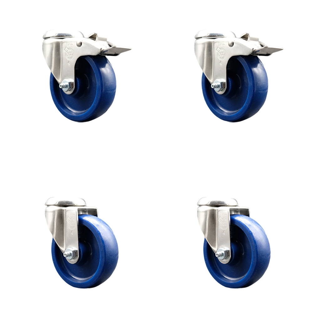 Solid Polyurethane Swivel Bolt Hole Caster Set of 4 with 4 Inch Blue Caster Wheels - 316 Stainless Steel Casters - Includes 2 Swivel with Total Lock Brakes and 2 Swivel - Service Caster Brand — photo 1