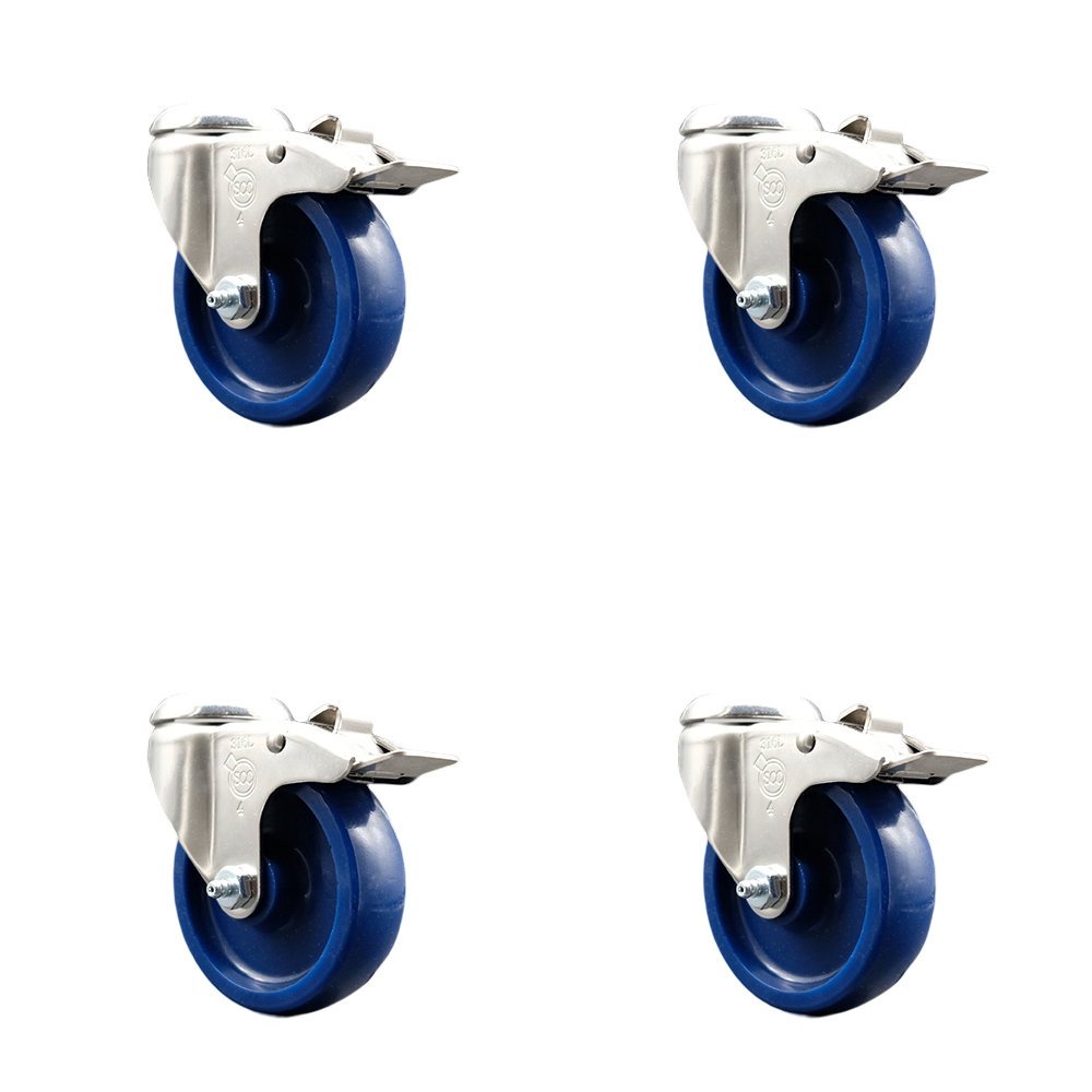 Solid Poly Swivel Bolt Hole Caster Set of 4 with 4 Inch Blue Caster Wheels-316 Stainless Steel Caster- Includes 4 Swivel Casters with Total Lock Brake - 1,200lbs. Total Capacity - Service Caster Brand — photo 1