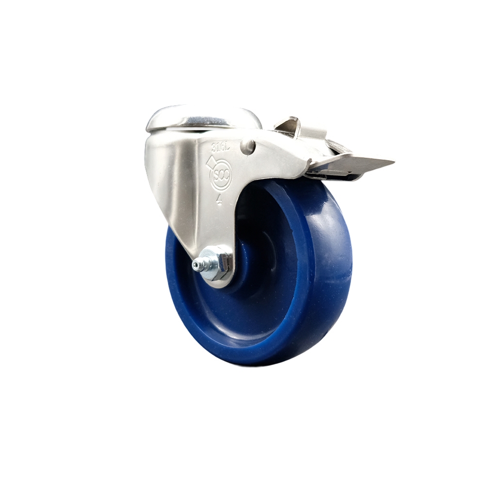 Solid Polyurethane Swivel Bolt Hole Caster with 4 Inch Blue Caster Wheel and Total Lock Brake - 316 Stainless Steel Caster - 300 lbs. Capacity Per Caster - Service Caster Brand — photo 1