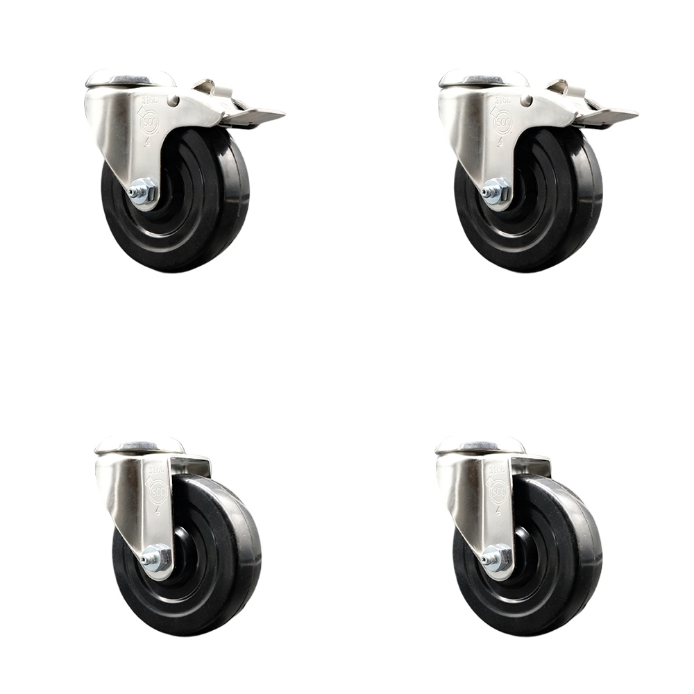 Soft Rubber Swivel Bolt Hole Caster Set of 4 with 4 Inch Black Caster Wheels - 316 Stainless Steel Casters - Includes 2 Swivel with Total Lock Brakes and 2 Swivel - Service Caster Brand — photo 1