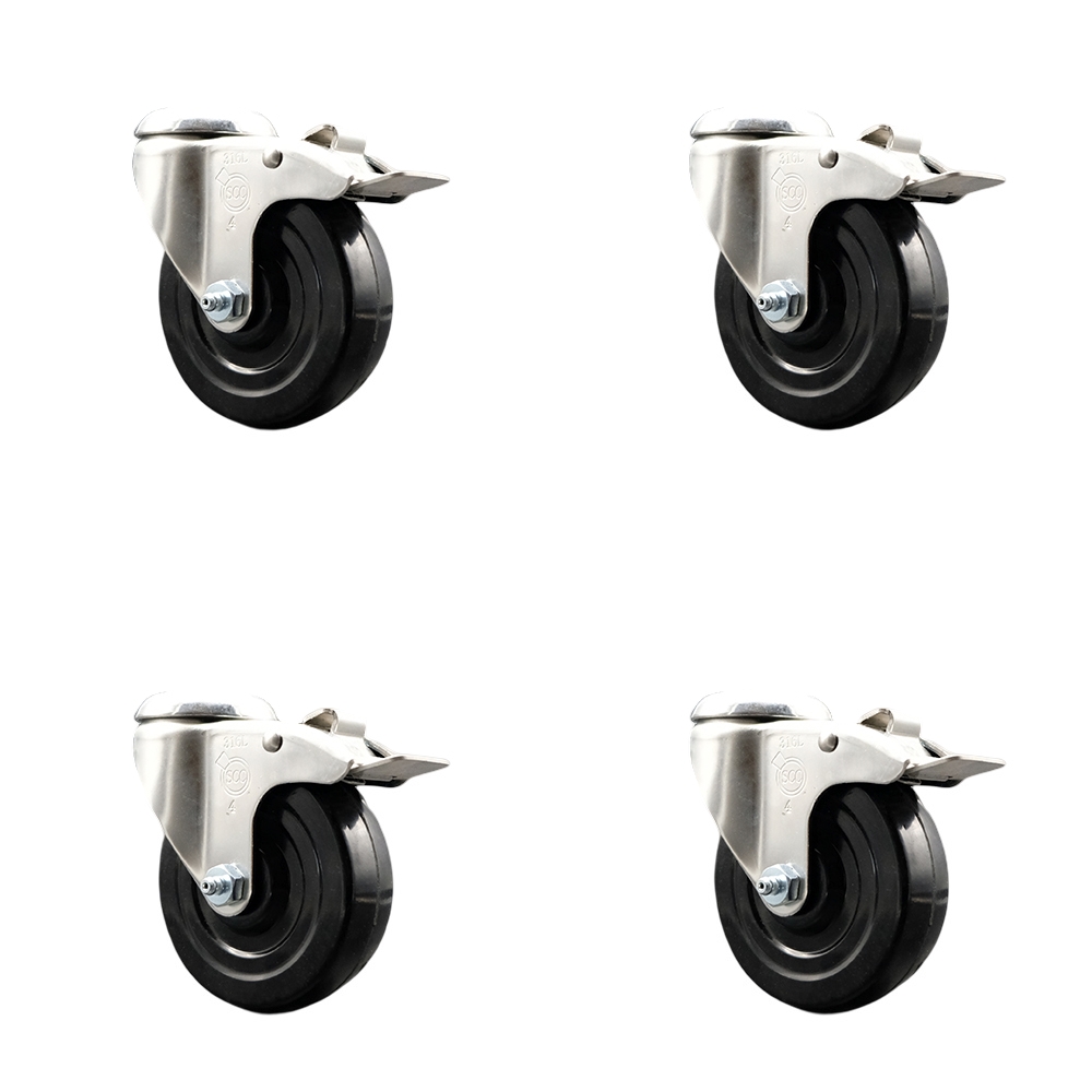 Soft Rubber Swivel Bolt Hole Caster Set of 4 with 4 Inch Black Caster Wheels-316 Stainless Steel Caster- Includes 4 Swivel Casters with Total Lock Brake - 800lbs. Total Capacity - Service Caster Brand — photo 1